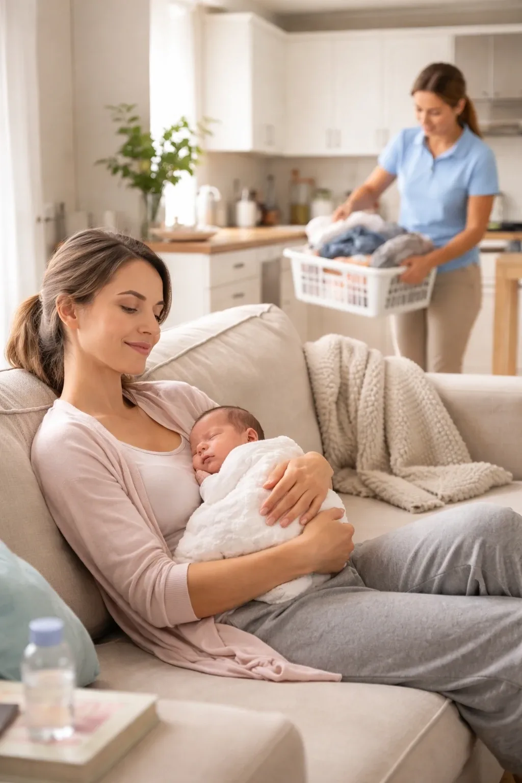 Mutter mit Neugeborenem auf dem Sofa, im Hintergrund erledigt die Haushaltshilfe die Wäsche